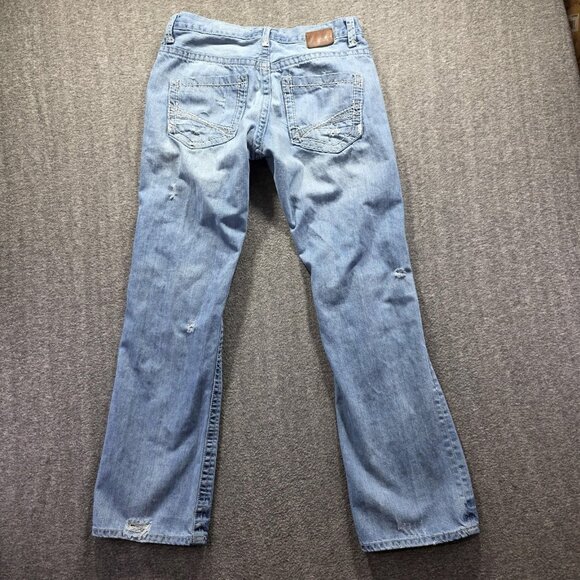 BKE Carter Jeans Mens 34L Blue Light Wash Distressed Straight Leg Patchwork - Picture 2 of 11